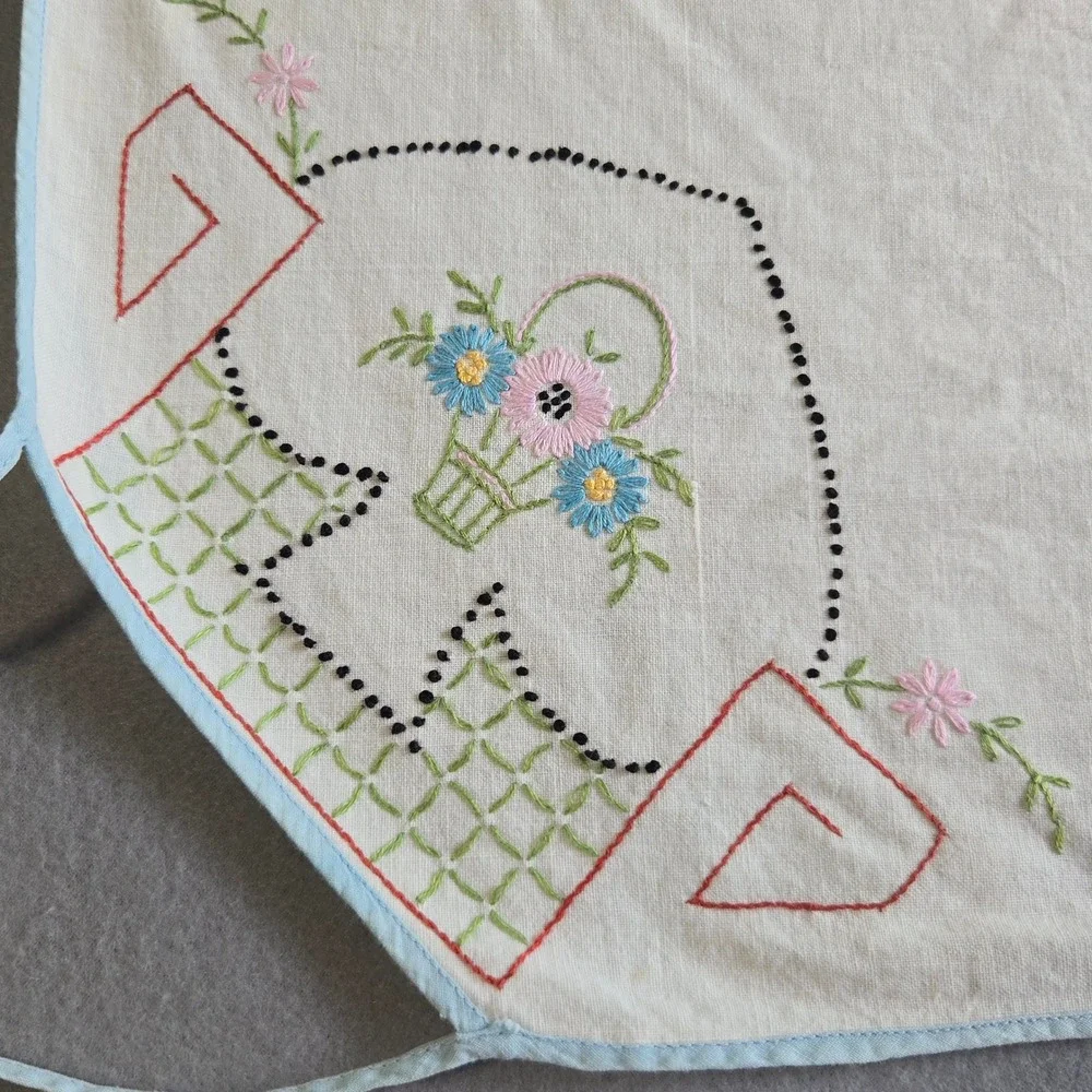 Unbranded Vintage Tablecloth OS Cream Floral Hand Embroidered Basket Cottagecore